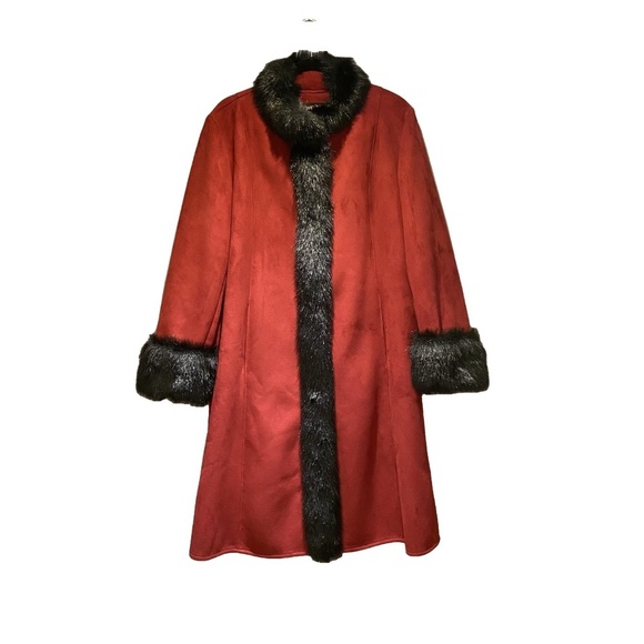 Vintage Y2K NOVELTI Red Faux Suede Faux Fur Trim Longline Penny Lane Coat L - Picture 12 of 12